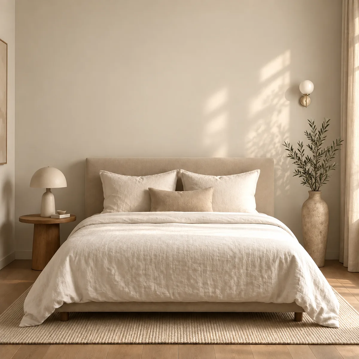 Bedroom with plain painted walls before the decorative finish