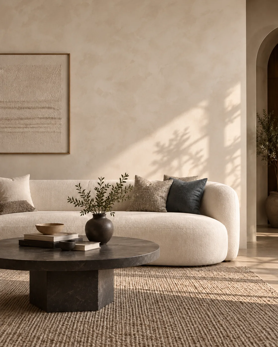 Bright living room with softly textured limewash paint in a warm neutral tone.