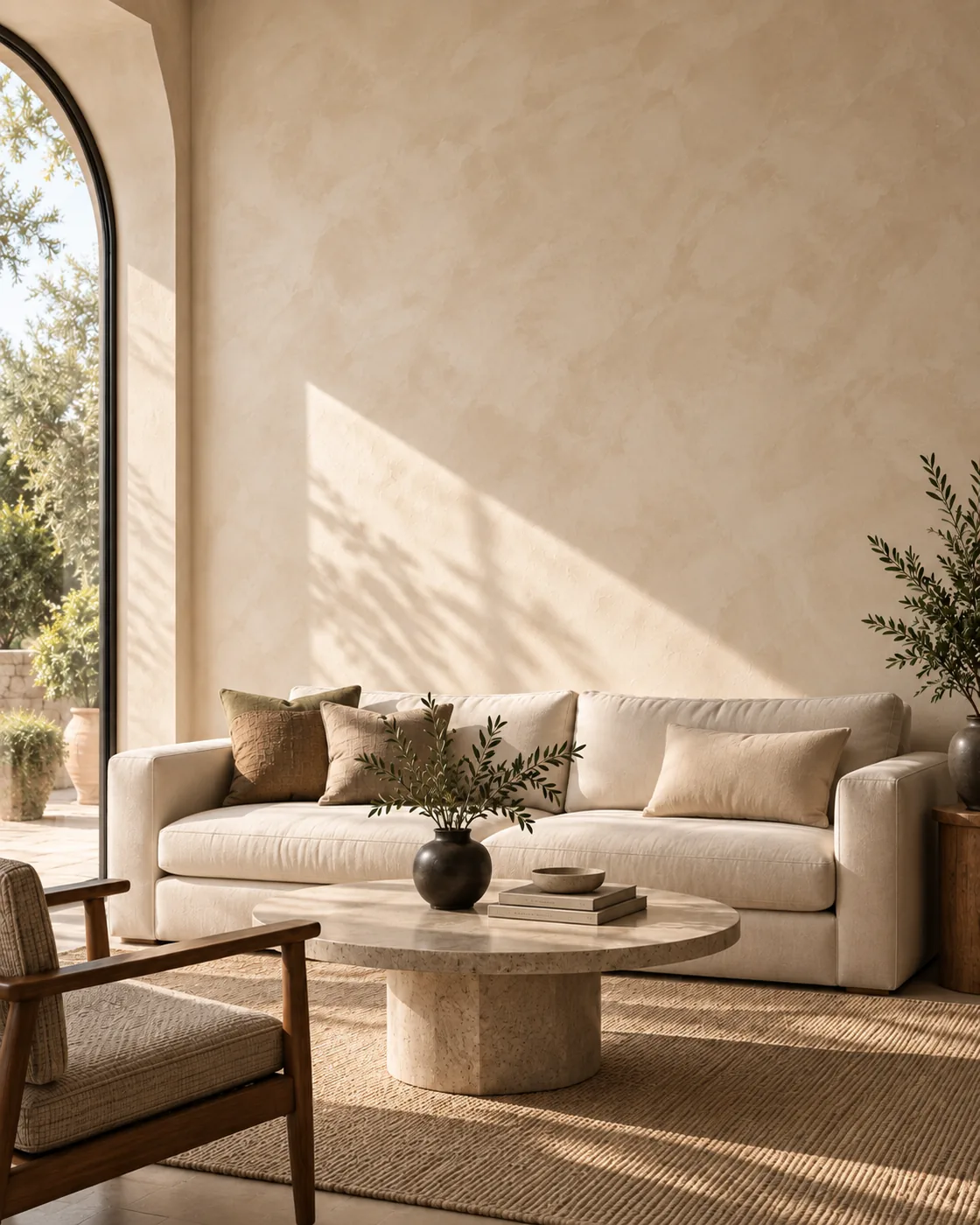 Sunlit living room with hand-applied limewash paint walls and a sculpted arched niche in Toronto