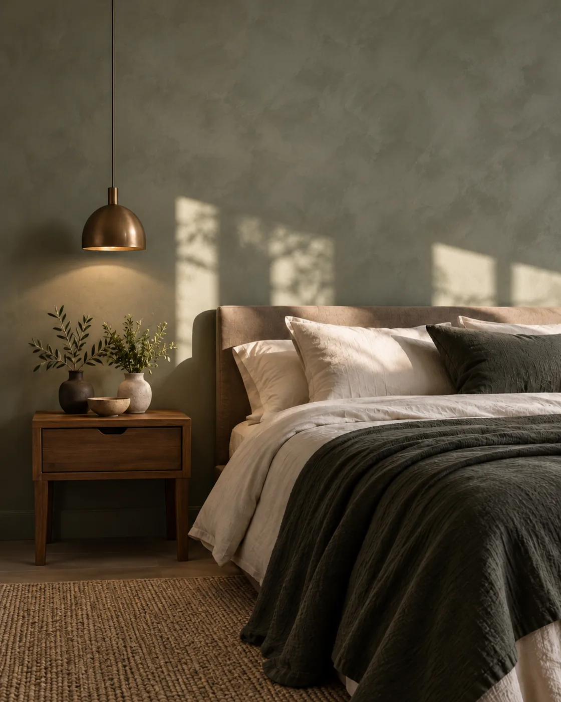 Limewash paint olive bedroom by Artelime