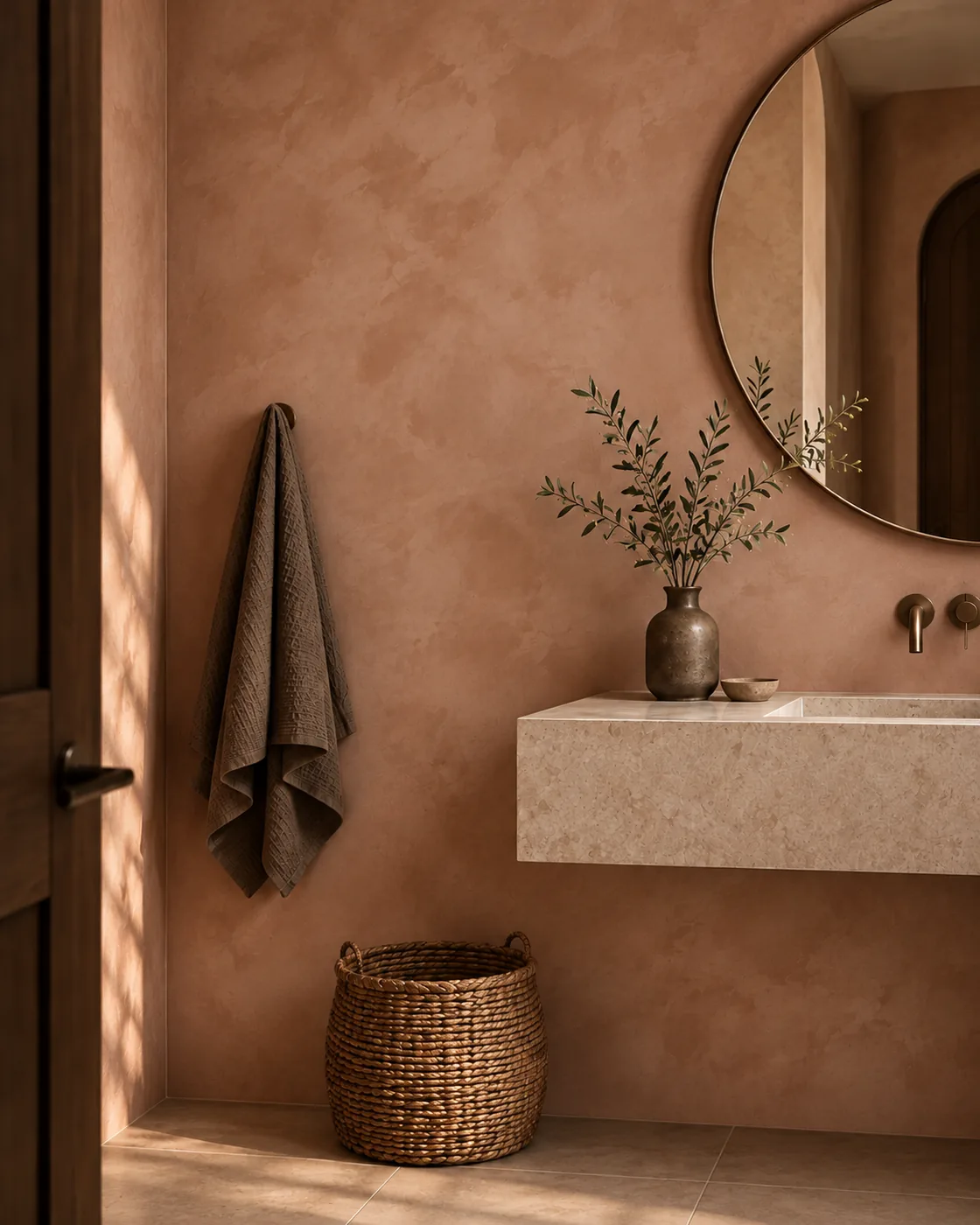 Limewash paint terracotta bathroom by Artelime