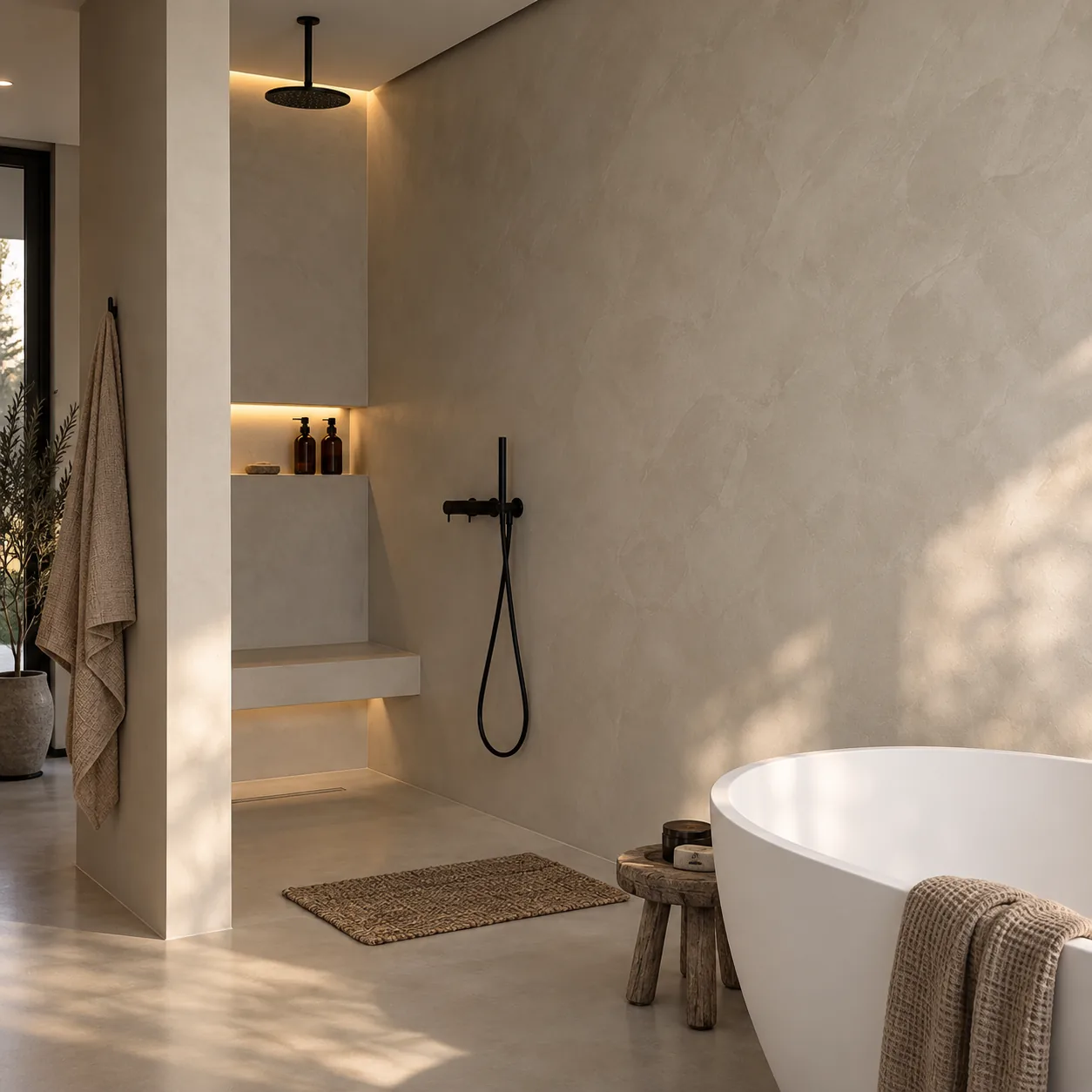 Microcement bathroom with a floating vanity and seamless walls