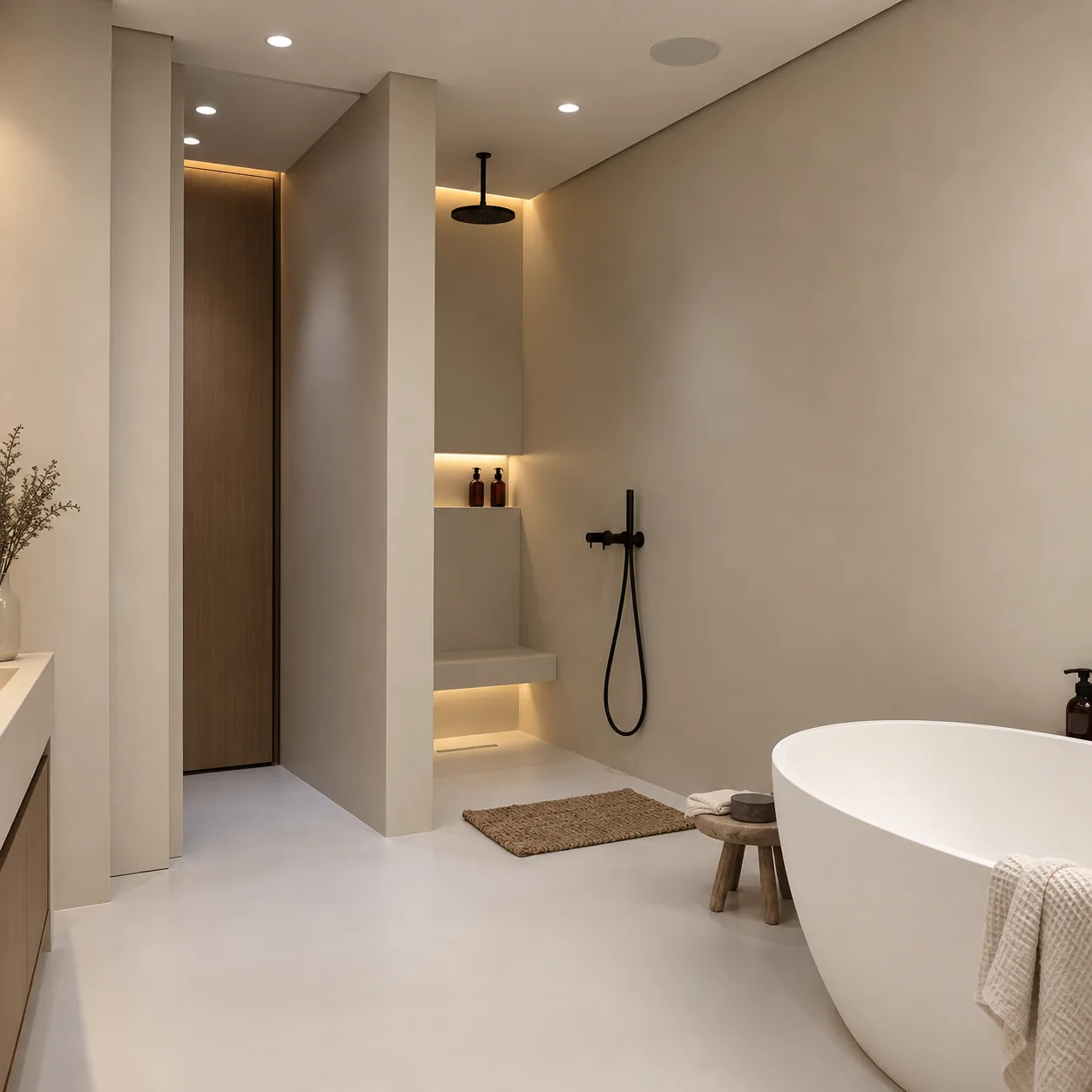 Luxury bathroom with seamless microcement walls and floor in a warm neutral finish.