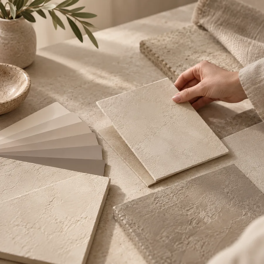 Selection of Venetian plaster and limewash paint sample boards in warm neutral tones