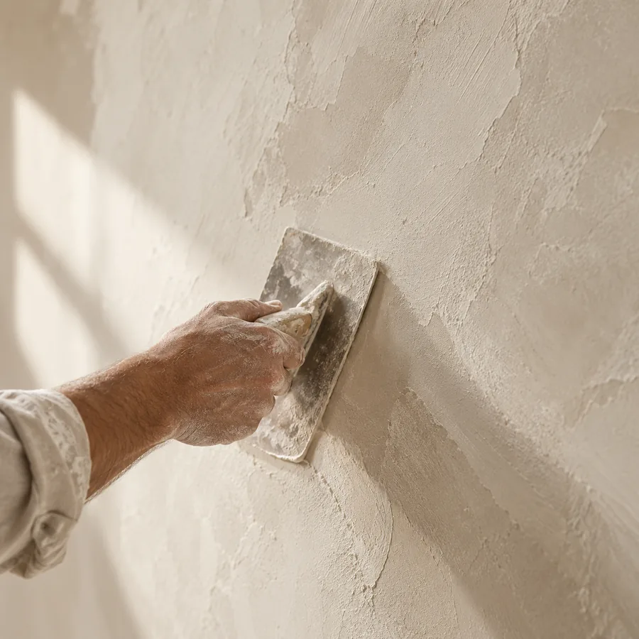 Artisan hand-trowelling a layer of mineral plaster onto an interior wall
