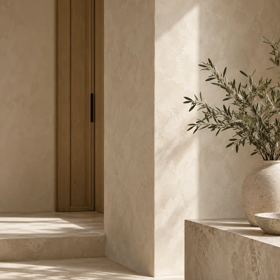 Finished decorative plaster wall being detailed and inspected in daylight