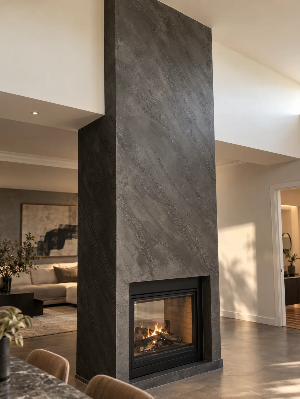 Venetian plaster fireplace feature wall with soft polished movement