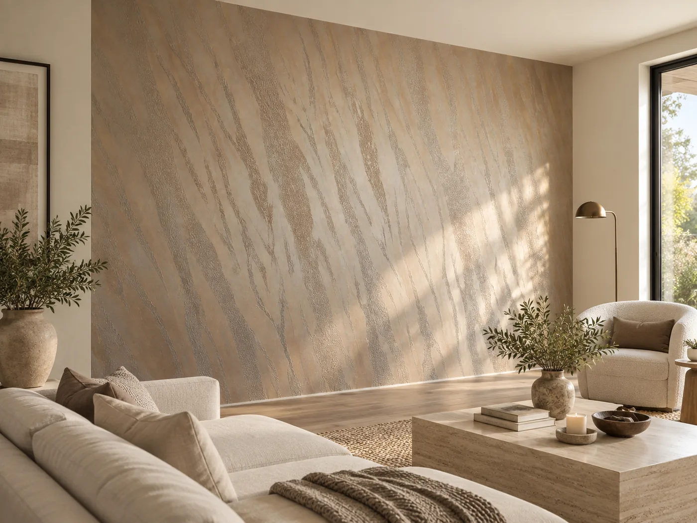 Warm neutral living room with a softly layered Venetian plaster feature wall.